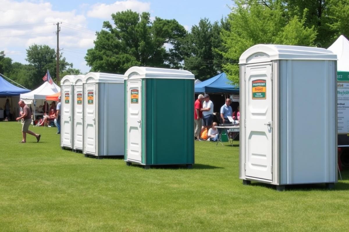 Row of clean portable restrooms at an outdoor event in Ralston, NE